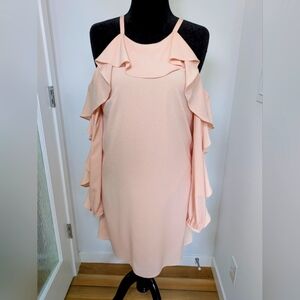 Marchesa Rose women Blush Pink Ruffle Cold Shoulder Long Sleeve Mini Dress Sz M